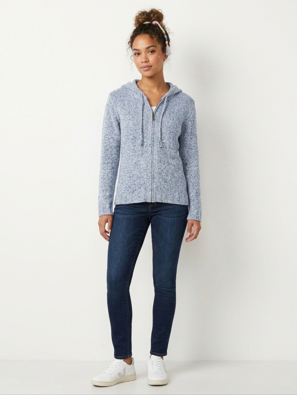 Columbia Marled Knit Full Zip Hoodie Sweater Blue White S